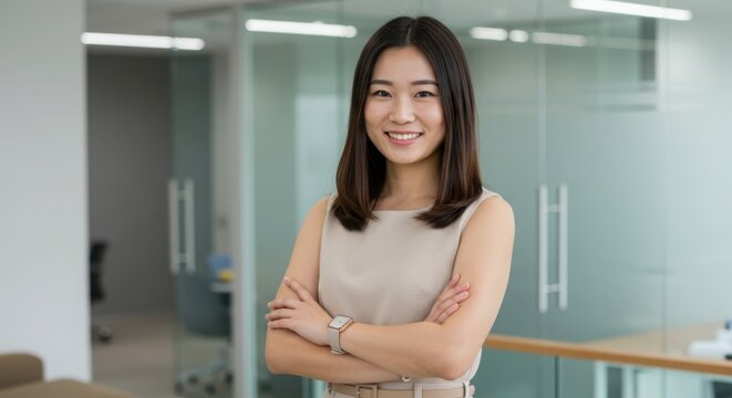 Photo of confident businesswoman smiling with arms crossed
