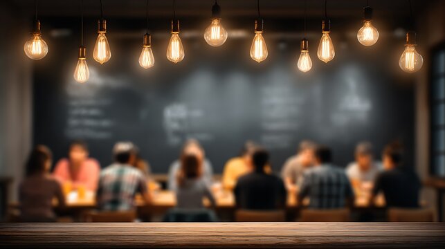 A group of diverse people are gathered around a wooden table for a casual meeting in a dimly lit room with warm incandescent lights overhead.