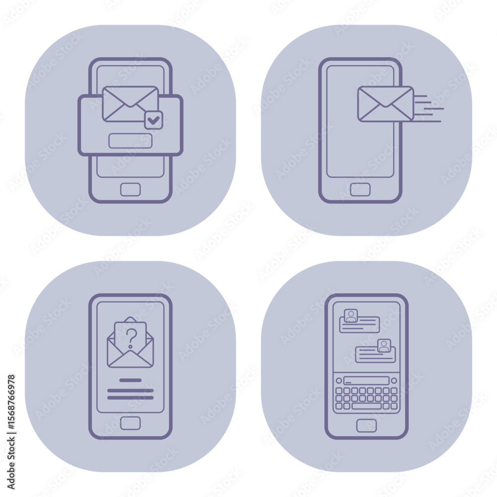Fototapete set of four line icons depicting various aspects of digital messaging on smartphones. sending, recei