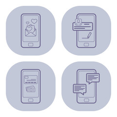 Four simple line icons of various aspects of mobile communication. Message sending, editing, notifications, and chats. Modern digital interactions concept