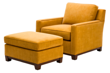 Comfortable yellow armchair with matching footrest ottoman isolated with transparent background