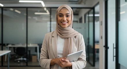 Photo of muslim woman in hijab holding tablet in office