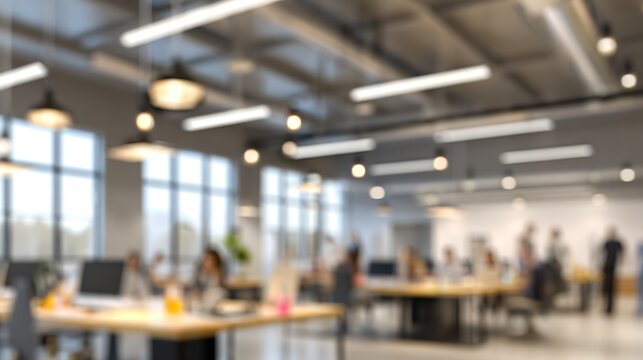 Blurry image of a modern open-plan office with desks, computers, and people working, bathed in natural light from large windows.