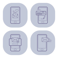 Four line icons of various communication activities on smartphones. Sending messages, sharing contact information, and receiving notifications