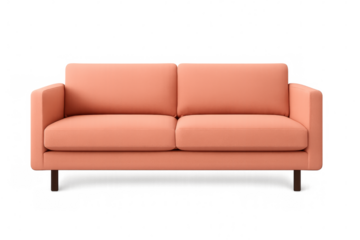 Coral two-seater sofa featuring wooden legs, resting on transparent background, complementing modern interior design settings