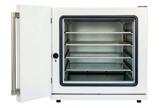 Open laboratory incubator with multiple empty wire racks isolated with transparent background