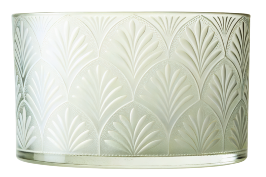 Embossed white glass candle holder with a leaf pattern isolated with transparent background