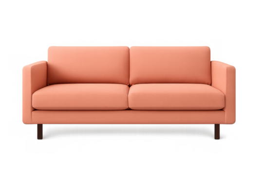 Coral two-seater sofa featuring wooden legs, resting on transparent background, complementing modern interior design settings