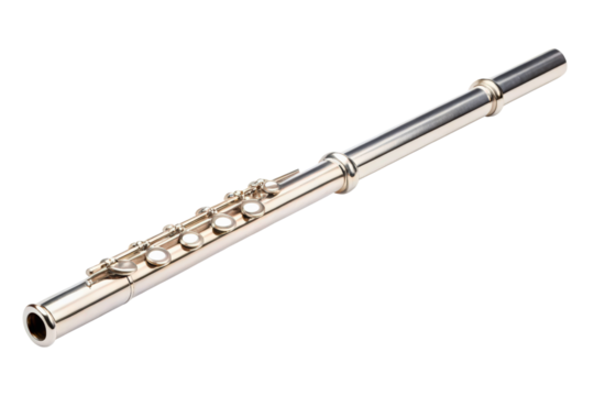 Silver concert flute musical instrument for an orchestra isolated with transparent background