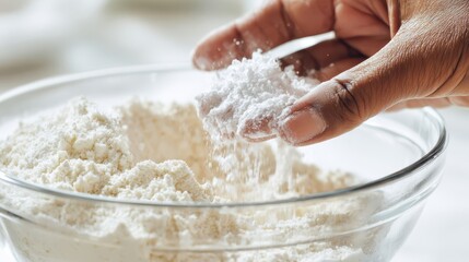 Flour being added to a mixing bowl.