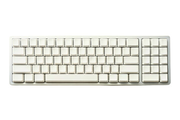 Top-down view of a computer keyboard with blank white keycaps isolated with transparent background