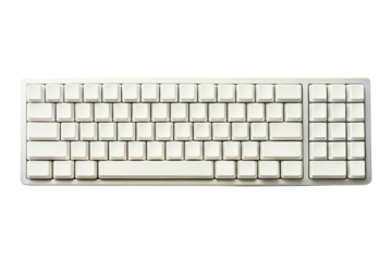 Top-down view of a computer keyboard with blank white keycaps isolated with transparent background