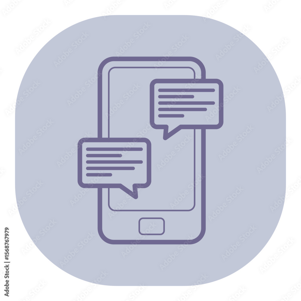Poster simple line icon of smartphone with two speech bubbles on soft blue background. digital communicatio