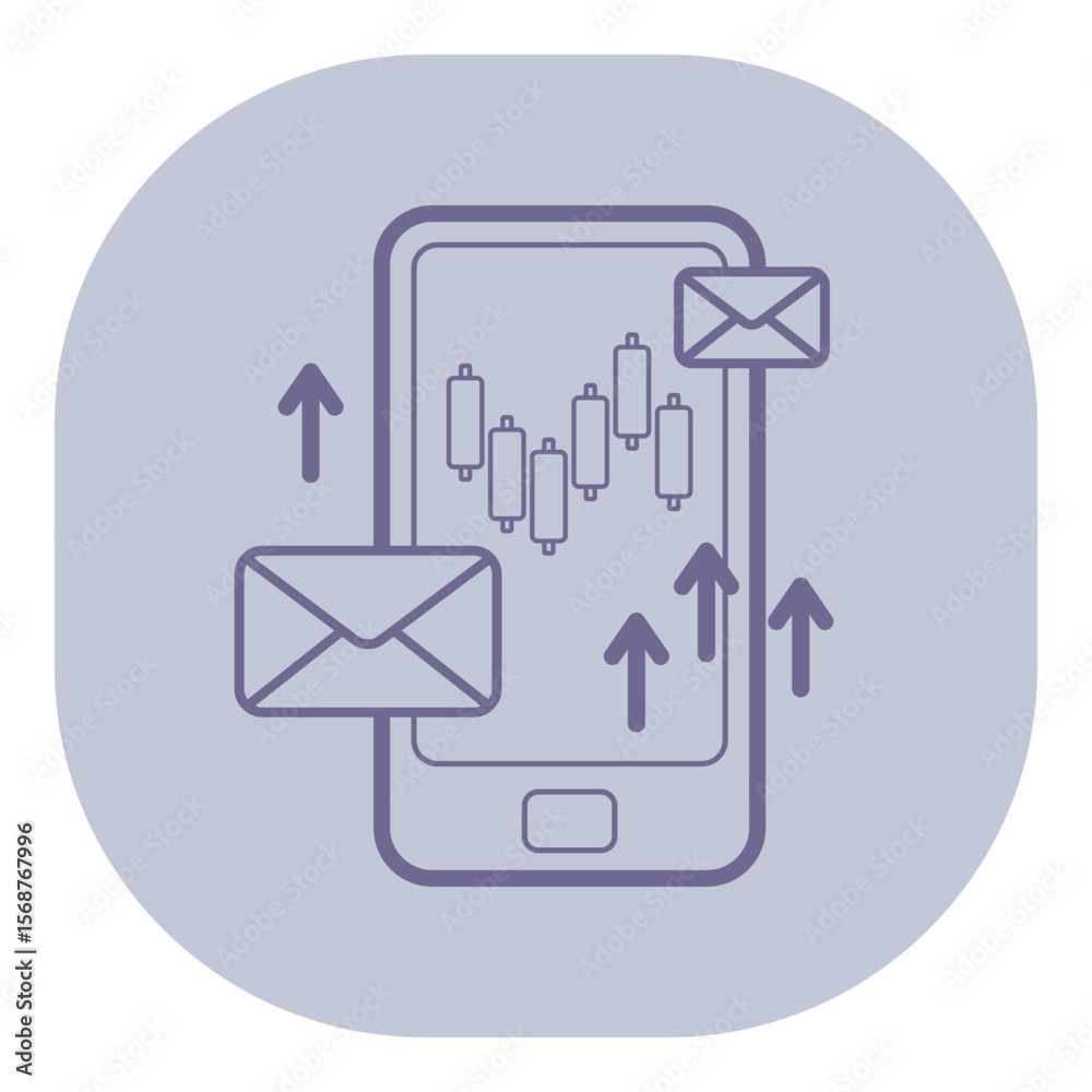 Poster mobile phone with graphical data: upward arrows and notification envelopes. tracking metrics and rec