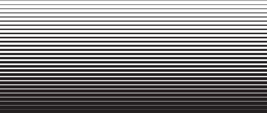 Line halftone gradation texture. Fading horizontal stripe gradient background. Repeating pattern backdrop. Black parallel thin to thick lines backdrop for overlay, print, cover, graphic design. Vector