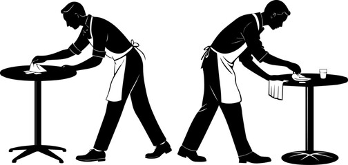 Restaurant Staff Cleaning Tables: Waiter Wiping Down Surface Silhouette