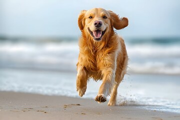A lively golden retriever runs on the beach, with soft sunlight shining on its golden fur