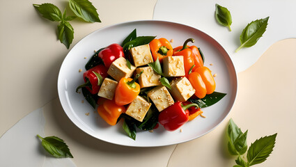 White Plate of Sesame Tofu Stir Fry with Vibrant Bell Peppers and Basil Leaves

