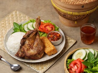 Bebek Goreng. Fried Duck Rice is duck meat that is fried and served with fresh vegetables plus a picnic