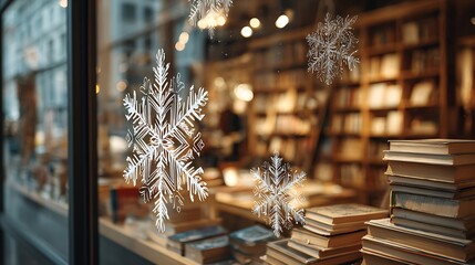 Festive bookstore storefront adorned with delicate snowflake decals creating a cozy winter ambiance and inviting holiday reading experience.