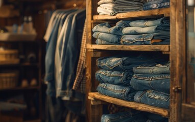 In the wardrobe, several denim outfits are neatly folded