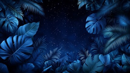 Enchanting night, Tropical foliage under a starlit sky, a magical botanical illustration