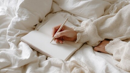 Woman writing in a notebook on a bed.