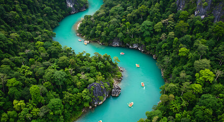 Aerial Tropical River Adventure Through Lush Green Forest