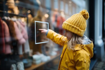 A young girl in a yellow coat and hat gazes at clothing displayed in a shop window, dreaming of the outfits she'll wear.