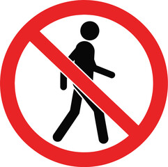 A red circle with a line through a walking person on a white background