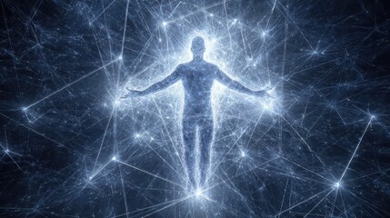 A human figure outlined by a network of light connections.