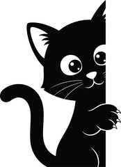 Fototapeta premium A black cat peeking from behind a white wall with its tail visible