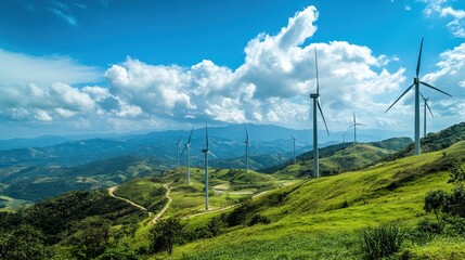 Scenic Wind Farm on Rolling Green Hills Under a Blue Sky