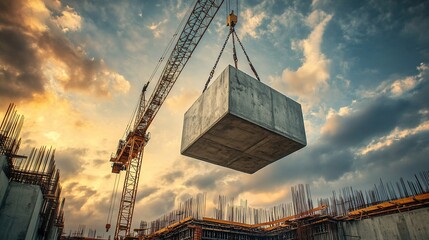 Construction crane lifting a concrete block against dramatic sky