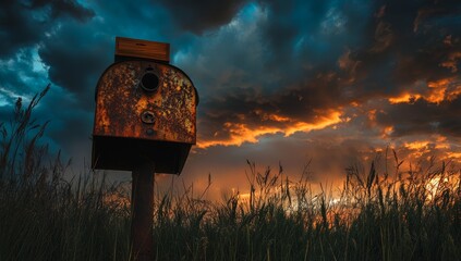 Rusty mailbox in a field at sunset with dramatic sky (1)