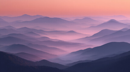 Fototapeta premium Majestic Mountain Range at Dusk: A beautiful landscape of rolling mountain silhouettes fading into the distance under a colorful sunset sky.