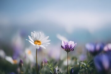 Obraz premium Delicate white daisy and purple flower bloom in a soft focus meadow under a hazy blue sky