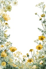 A floral border with pastel blue, yellow, and pink flowers like forget-me-nots, and green leaves on a white background