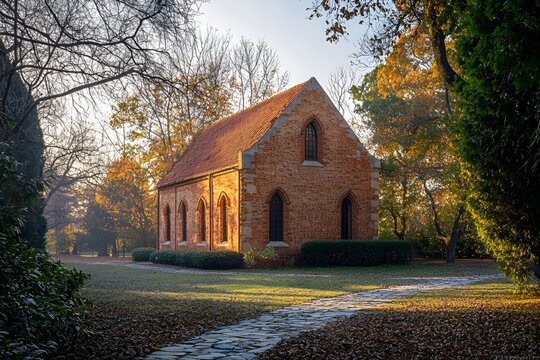 The ancient brick building stands distinct in the fading light of the sunset, surrounded by bluestone paths and dappled tree shadows