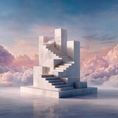 A surreal marble staircase structure rises above a reflective water surface, surrounded by pink and purple clouds beneath a soft pastel sky.