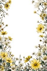 A floral border with pastel blue, yellow, and pink flowers like forget-me-nots, and green leaves on a white background