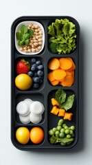 Healthy lunchbox arrangement showcases fresh fruits and vegetables, perfect for office work and a nutritious meal plan, presented in 4 giixel detail.