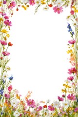 Obraz premium A floral border with pastel blue, yellow, and pink flowers like forget-me-nots, and green leaves on a white background