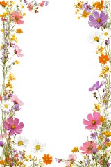 A floral border with pastel blue, yellow, and pink flowers like forget-me-nots, and green leaves on a white background