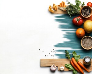 Watercolor style art of fresh healthy meals top view featu vibrant vegetables and herbs, creating a visually appealing culinary composition on white backdrop.