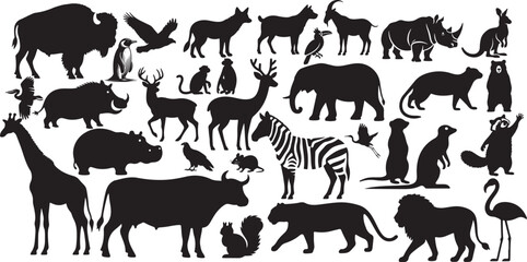 Diverse collection of animal silhouettes in black on a white background