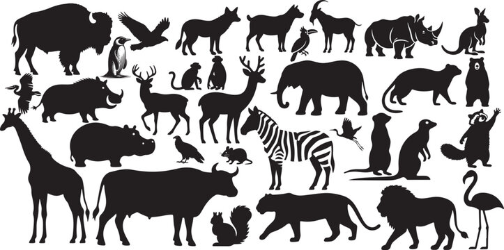 Diverse collection of animal silhouettes in black on a white background