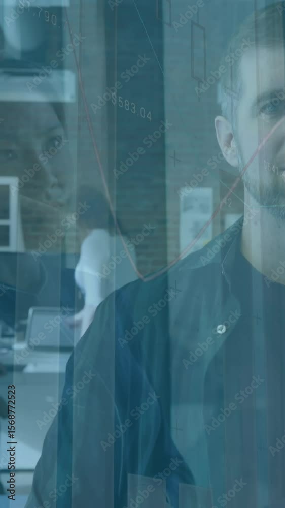 Poster animation of statistical data processing over caucasian man smiling at office