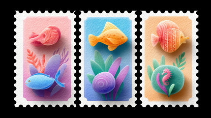 Beautiful stamp cutout set featuring whimsical fish collection in pastel aquarium scene against black background