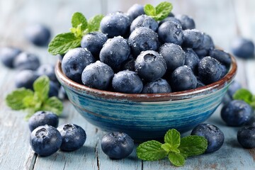 Fresh blueberries in a bowl surrounded by mint leaves on a rustic wooden surface